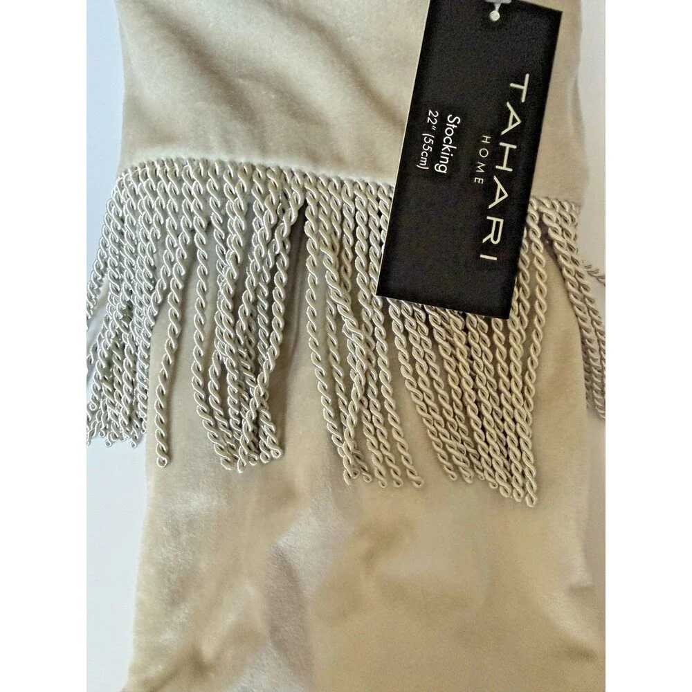 Tahari Home Gray Velvet Christmas Stocking Bullion Fringe Fleece Lined 22